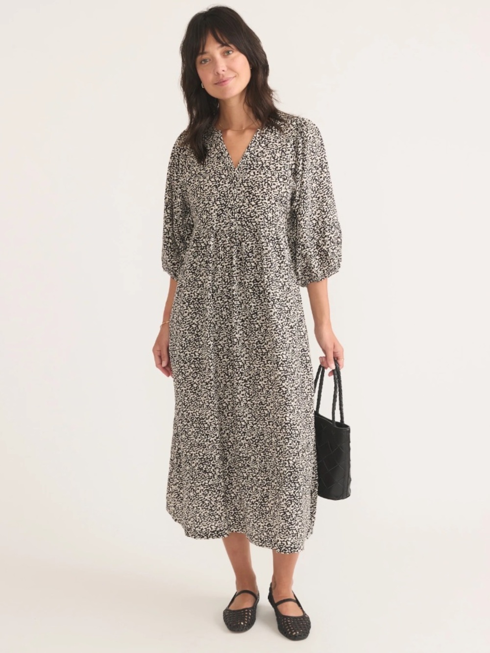 Marine Layer Lola Midi Dress Size XS Black Print Puff Sleeve